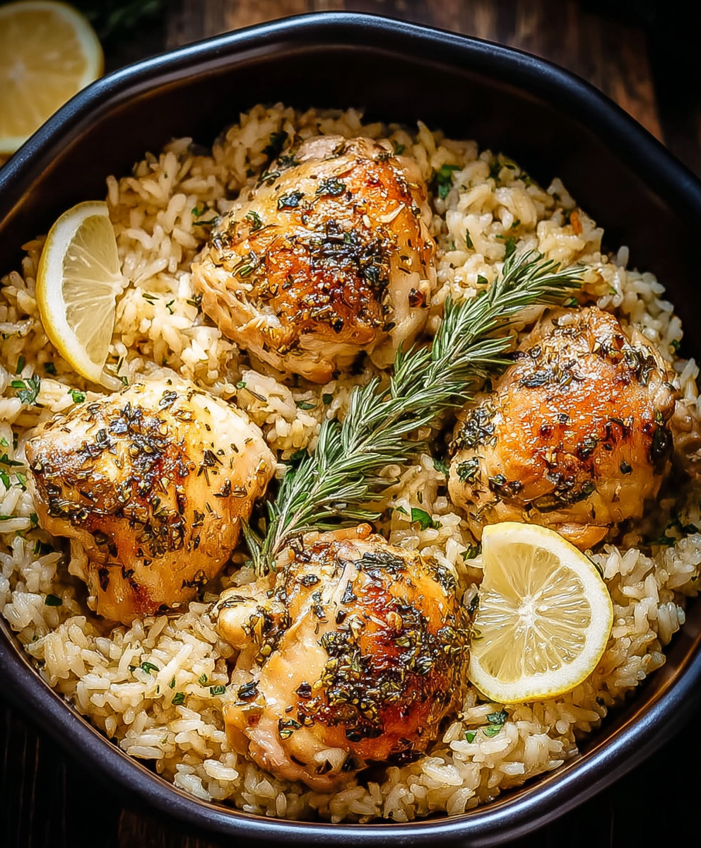 Garnished lemon herb chicken and rice served on a plate