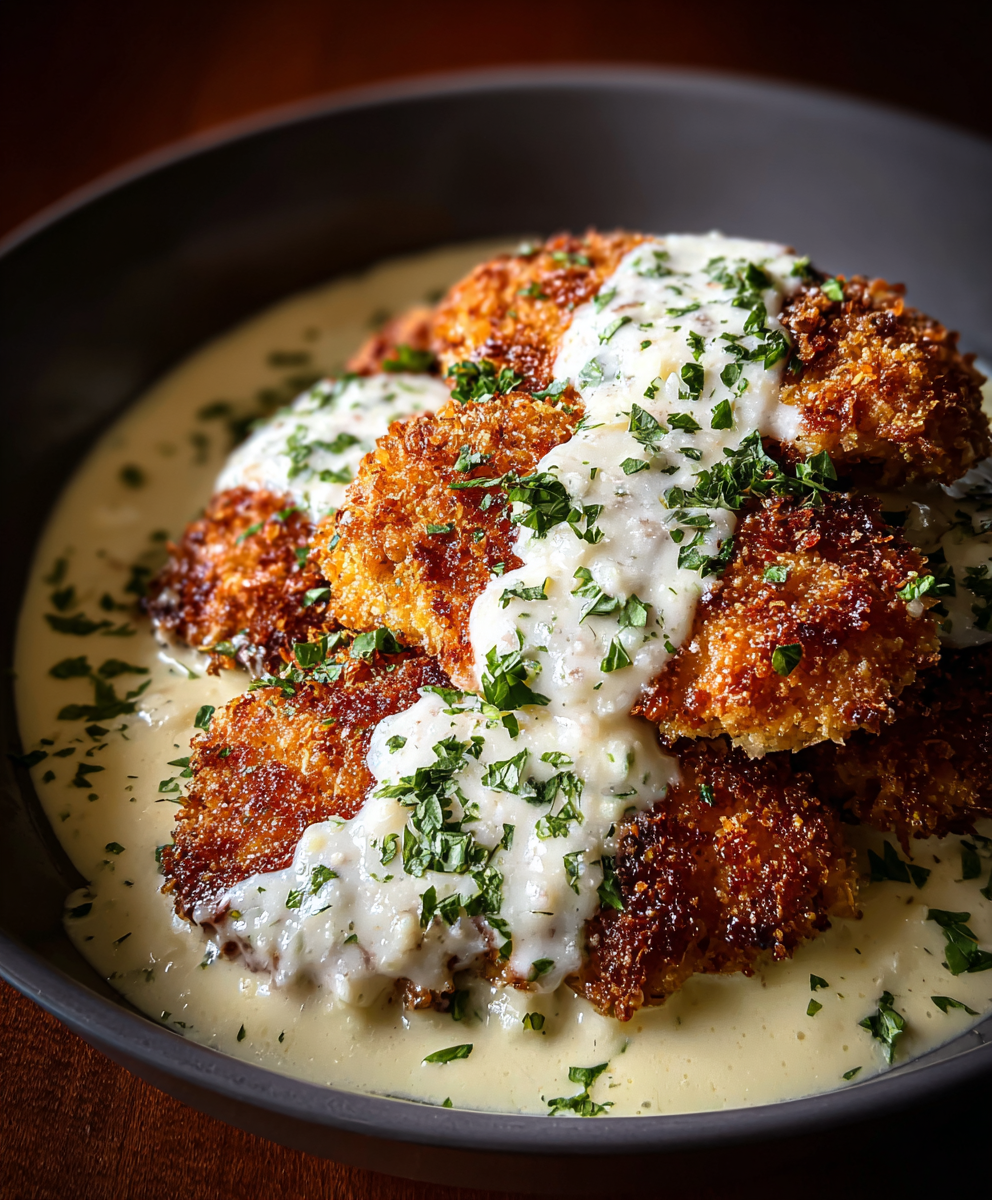Crispy Parmesan Chicken with Garlic Cream Sauce