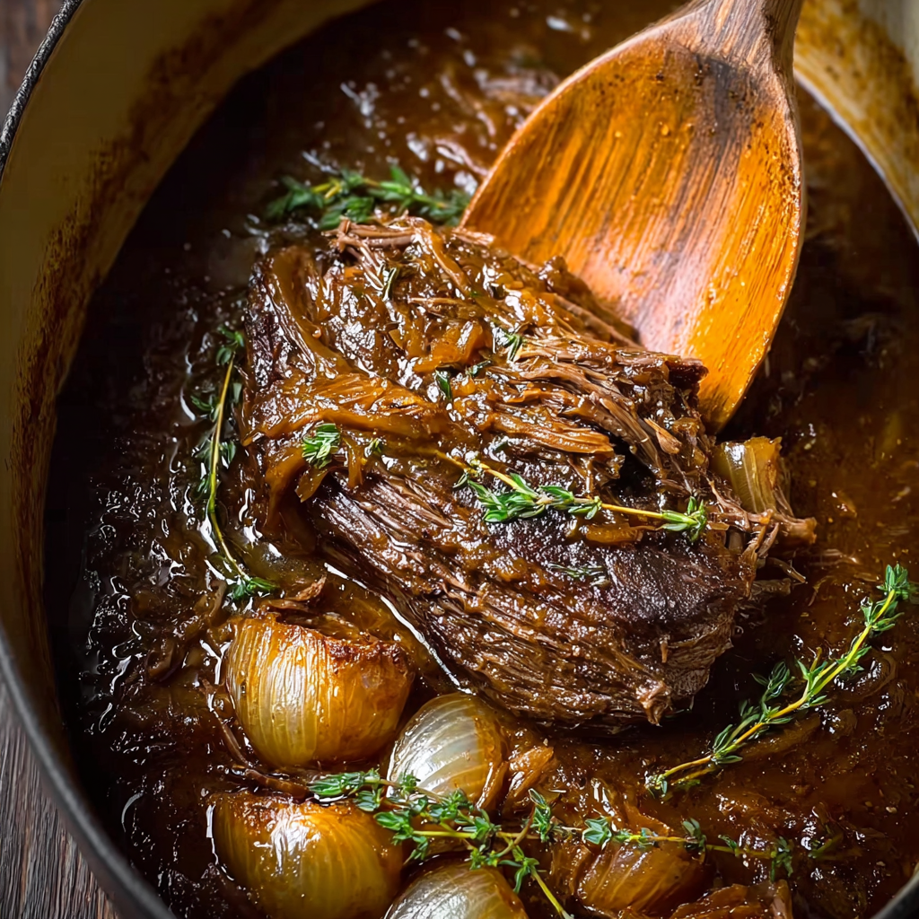 Sliced pot roast with glossy onion jus