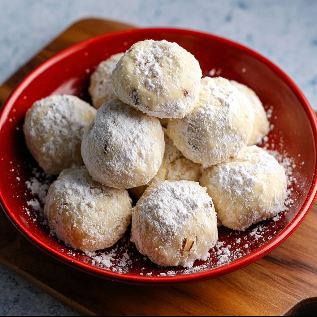 Snowball cookies on a tray with powdered sugar