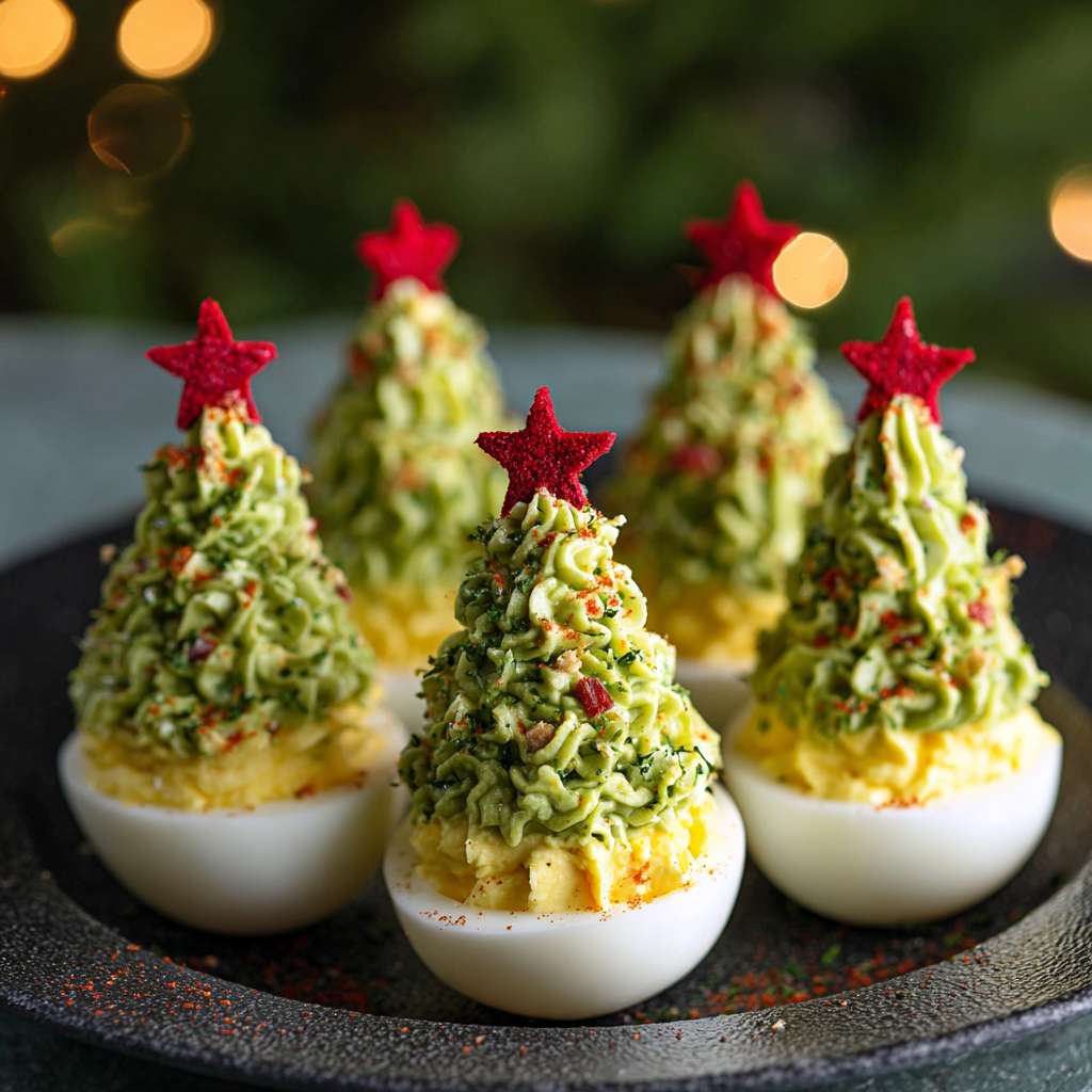 Close-up of a single deviled egg tree with yellow pepper star
