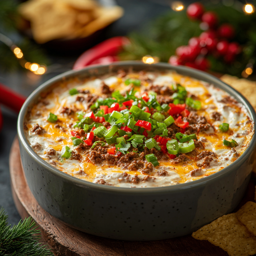Texas Christmas Dip in a bowl with crackers