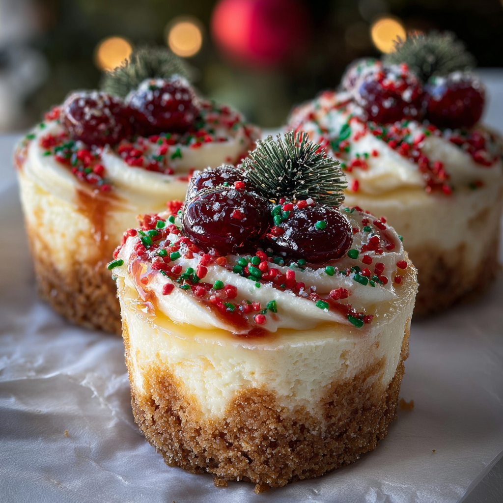 Close up of a mini cheesecake topped with red and green sprinkles