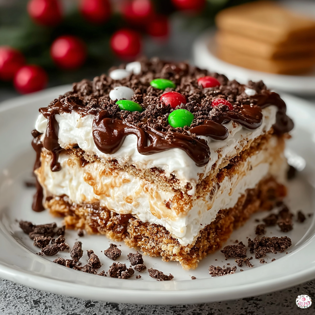 Slice of cookie lasagna with peppermint candies and sprinkles