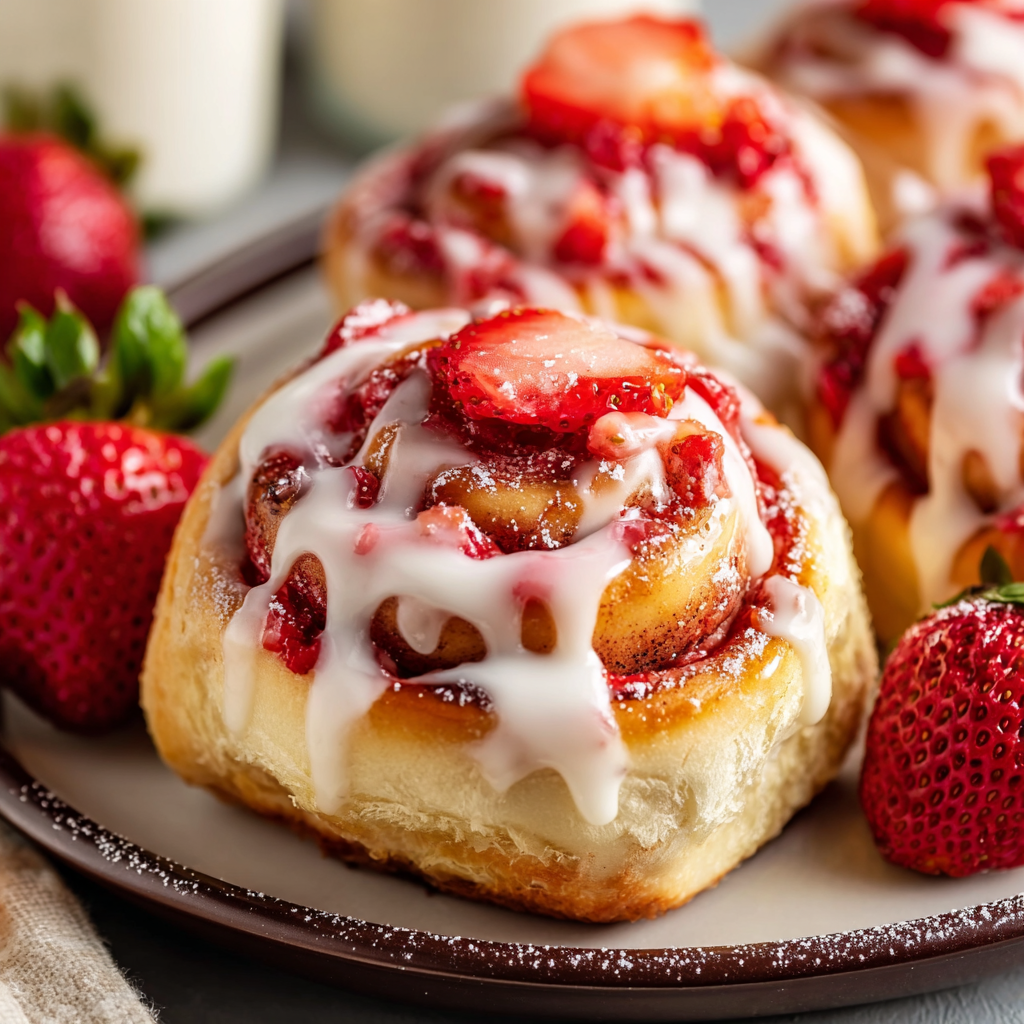 Close-up of strawberry cheesecake cinnabon rolls