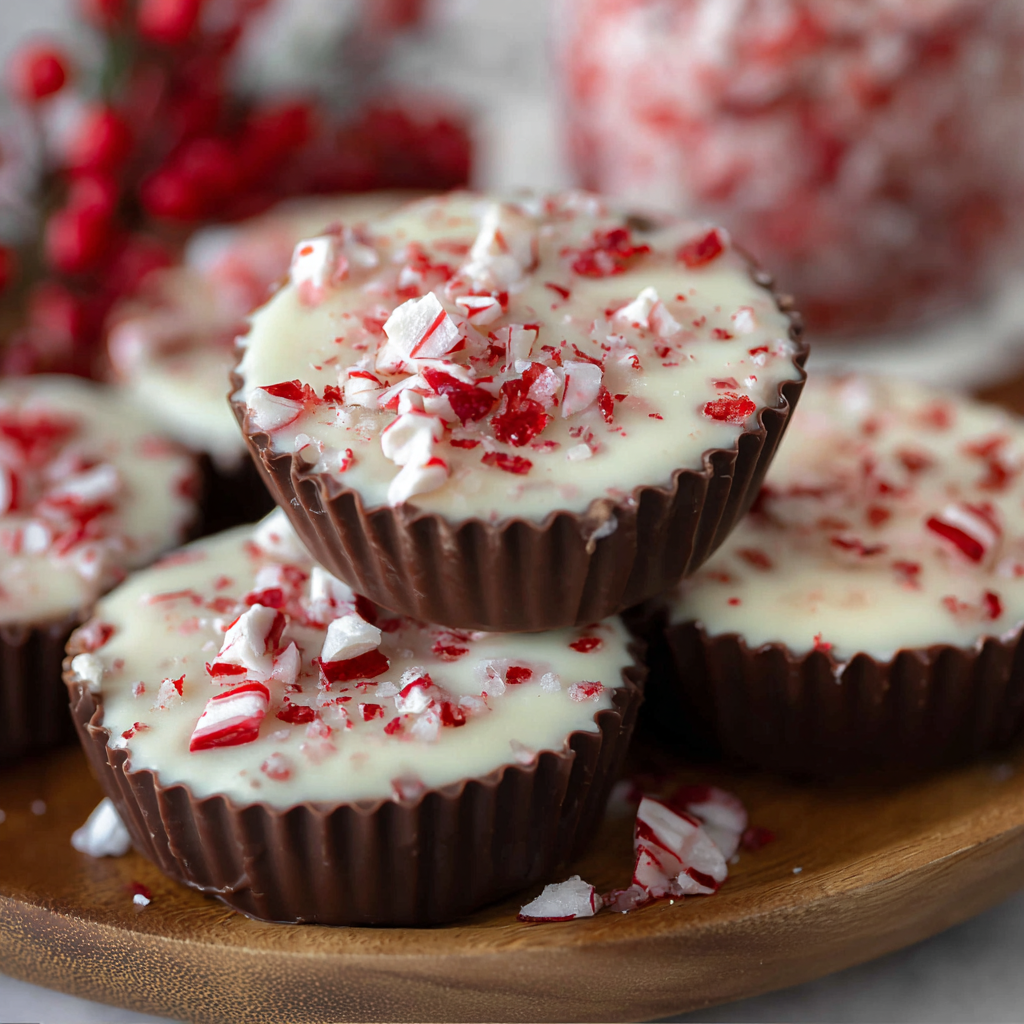 Close-up of peppermint bark cup with candy cane topping