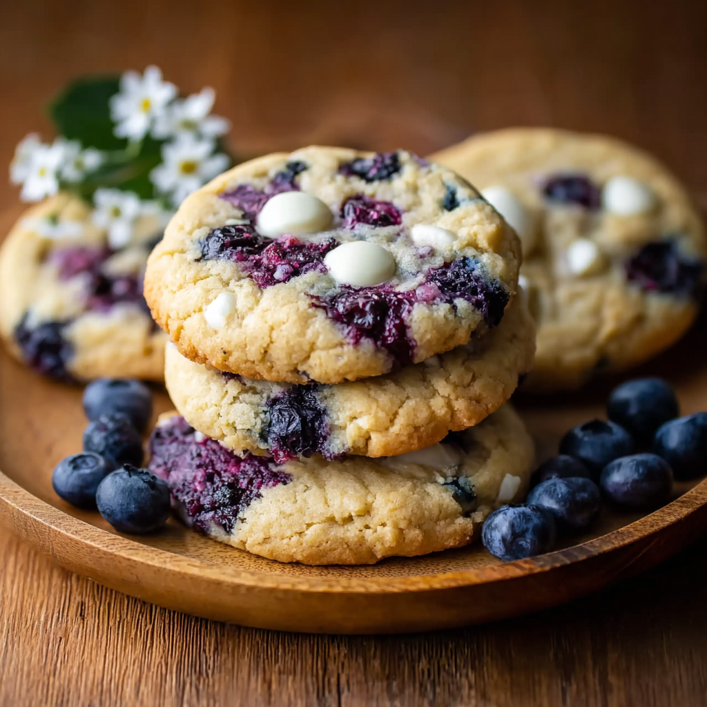 Close up of a blueberry cookie showing berries and cream cheese