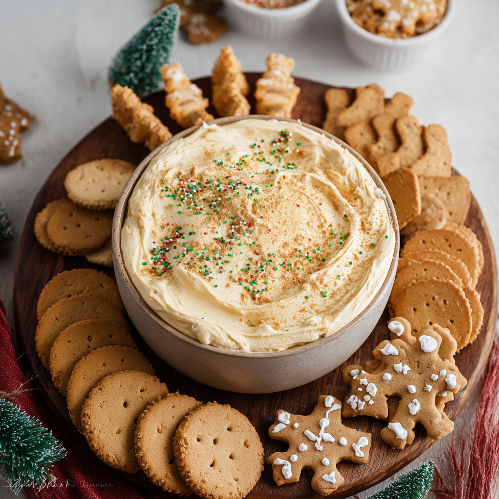 Gingerbread cheesecake dip in a bowl with graham crackers