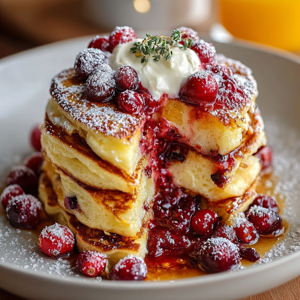 Close up of a ricotta pancake with cranberries