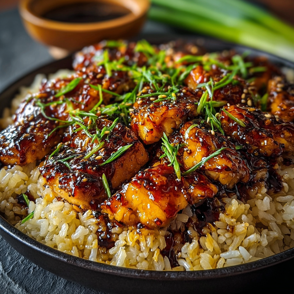 Plated honey BBQ chicken rice with garnish