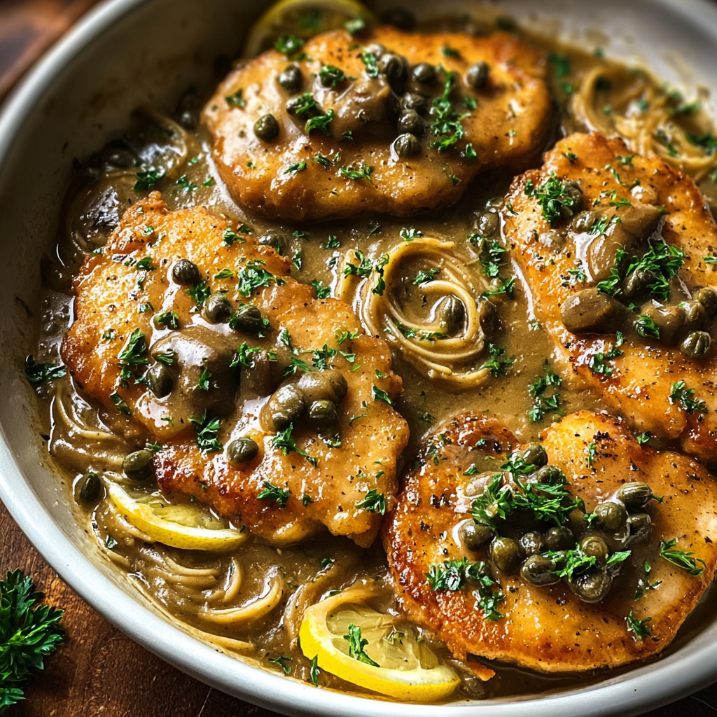 Tender chicken piccata in sauce with caper berries
