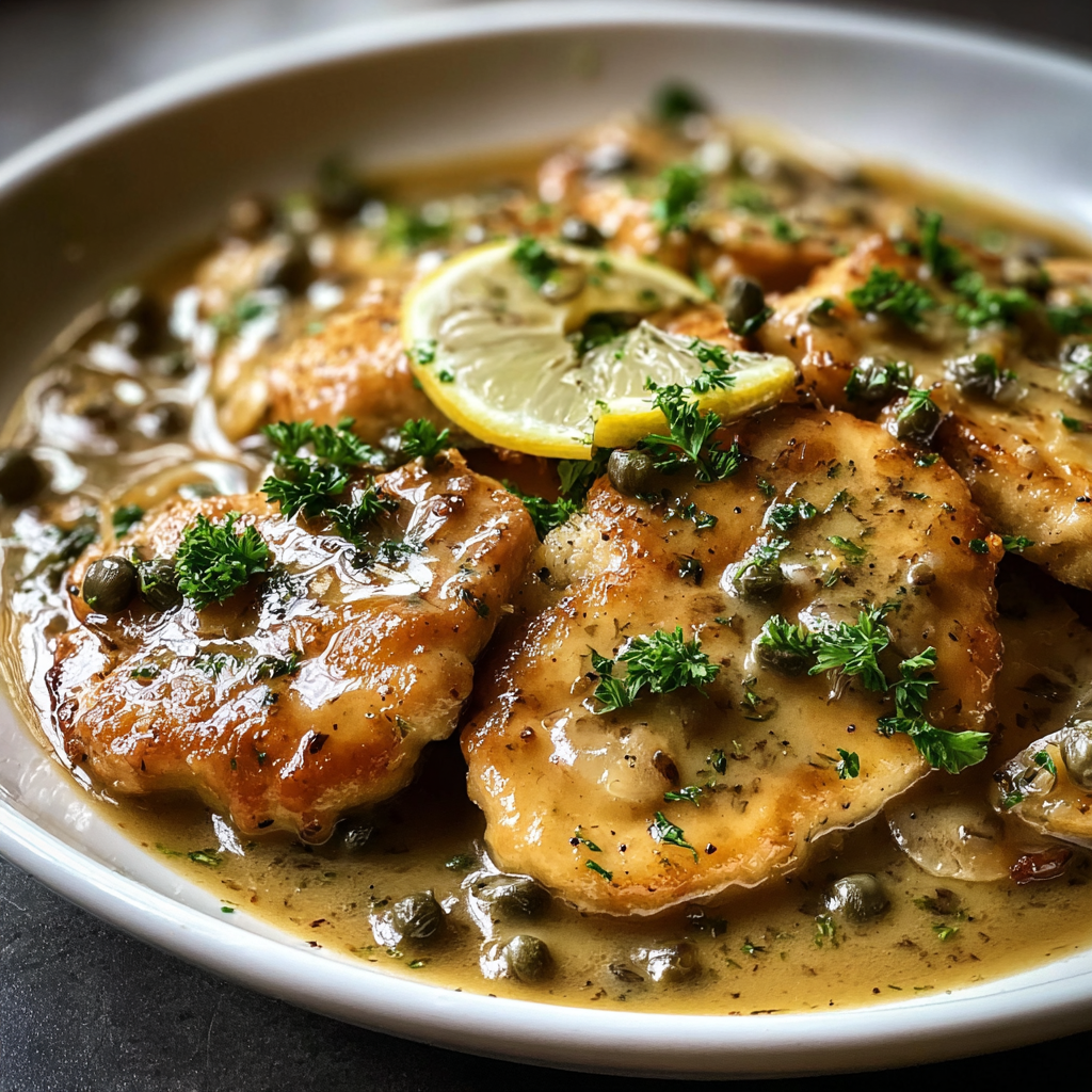 Close up of chicken with lemon and caper garnish