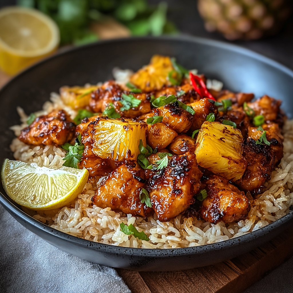 Plated pineapple chicken with rice and green onions