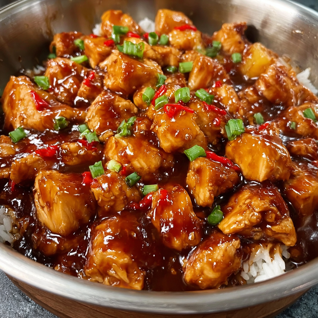 Close up of plated Hawaiian chicken over rice