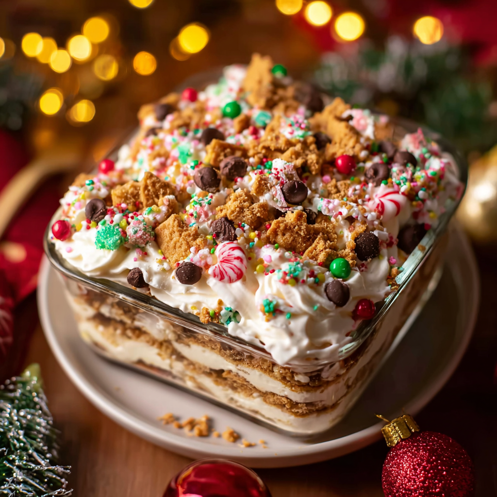 Top view of Christmas Cookie Lasagna with sprinkles