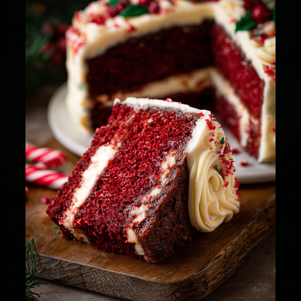 Red Velvet Christmas Cake with sliced view showing cheesecake swirl