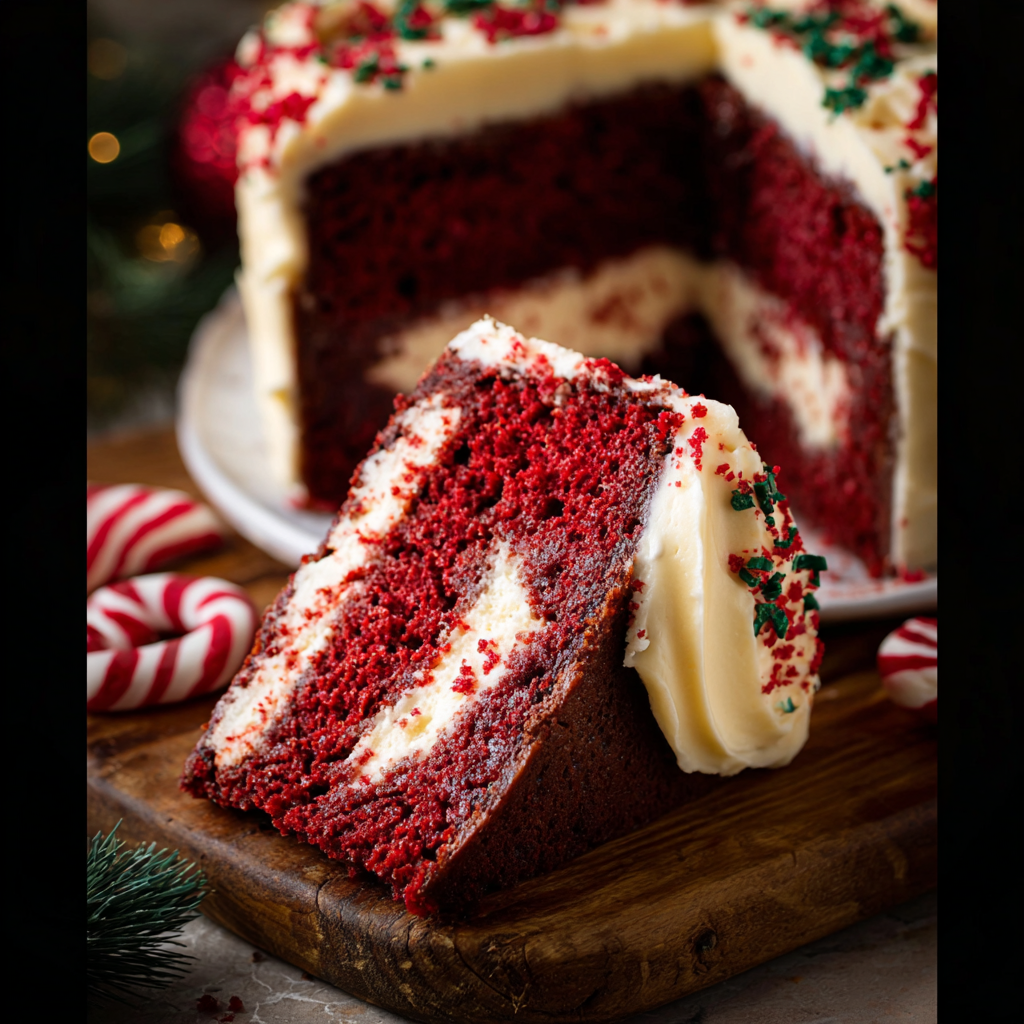 Slice of red velvet cake on festive plate