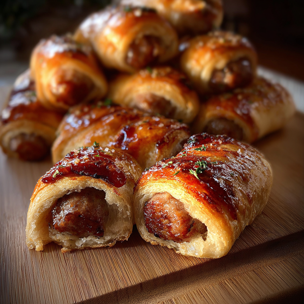 Close up of a glazed sausage bread bite showing texture