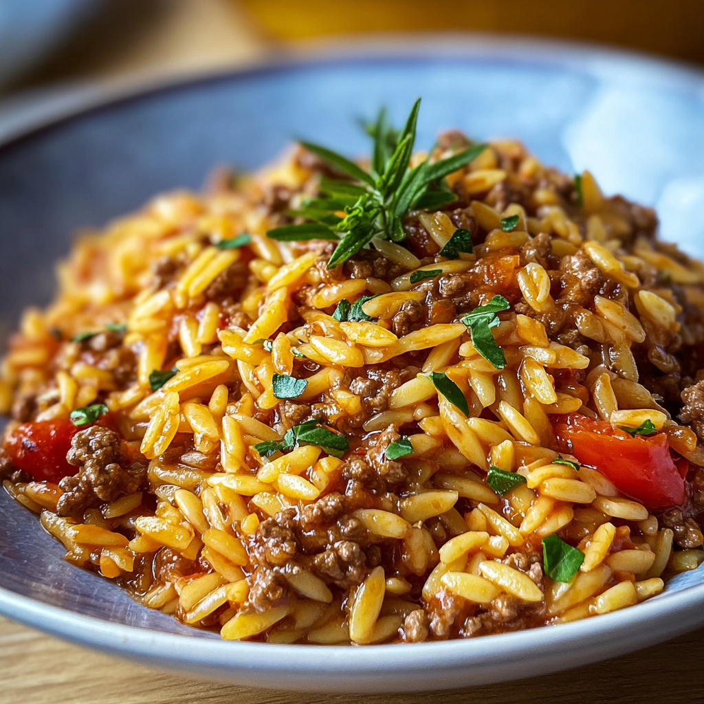 Skillet of orzo with minced meat, finished with grated Parmesan