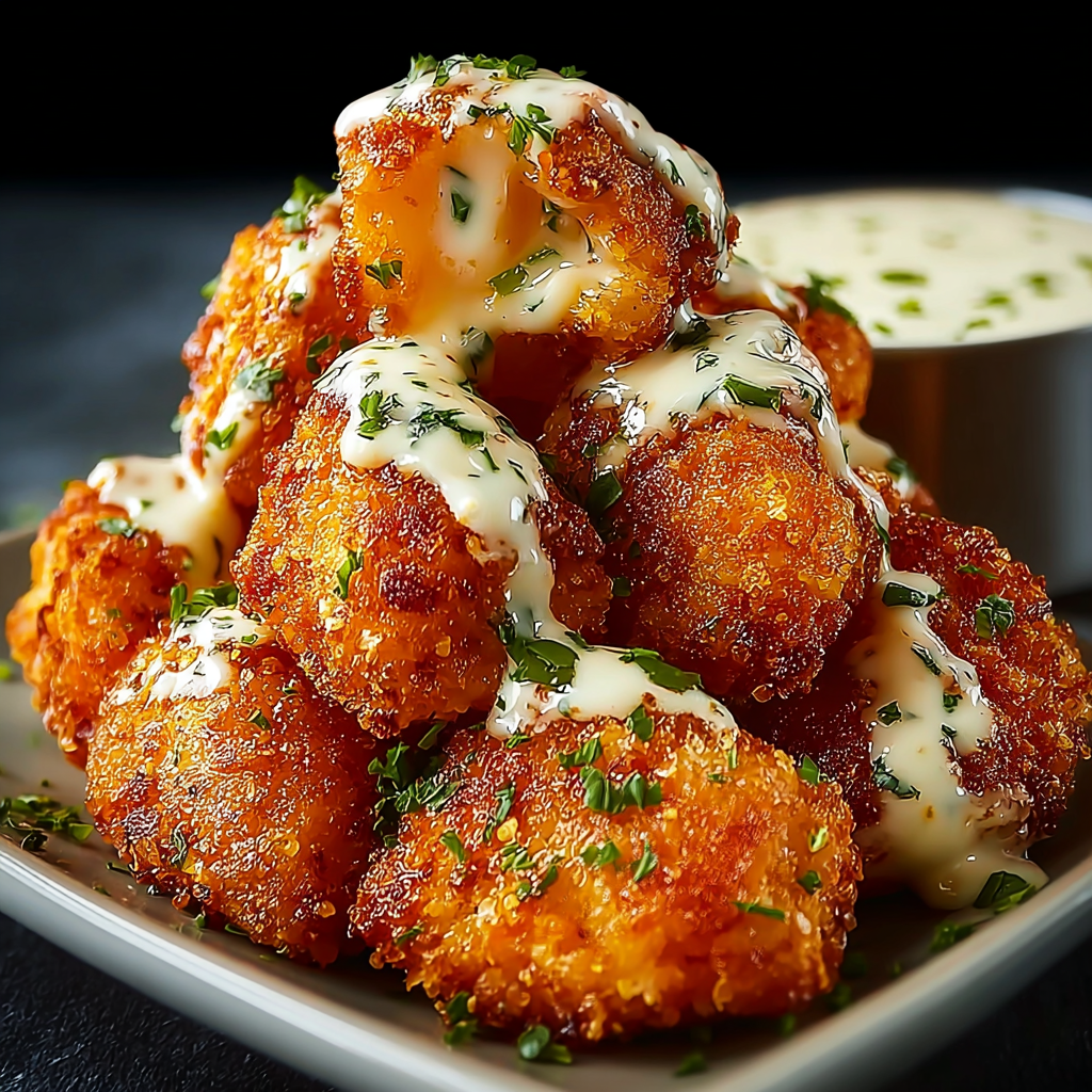 Crispy chicken poppers on a platter with dip