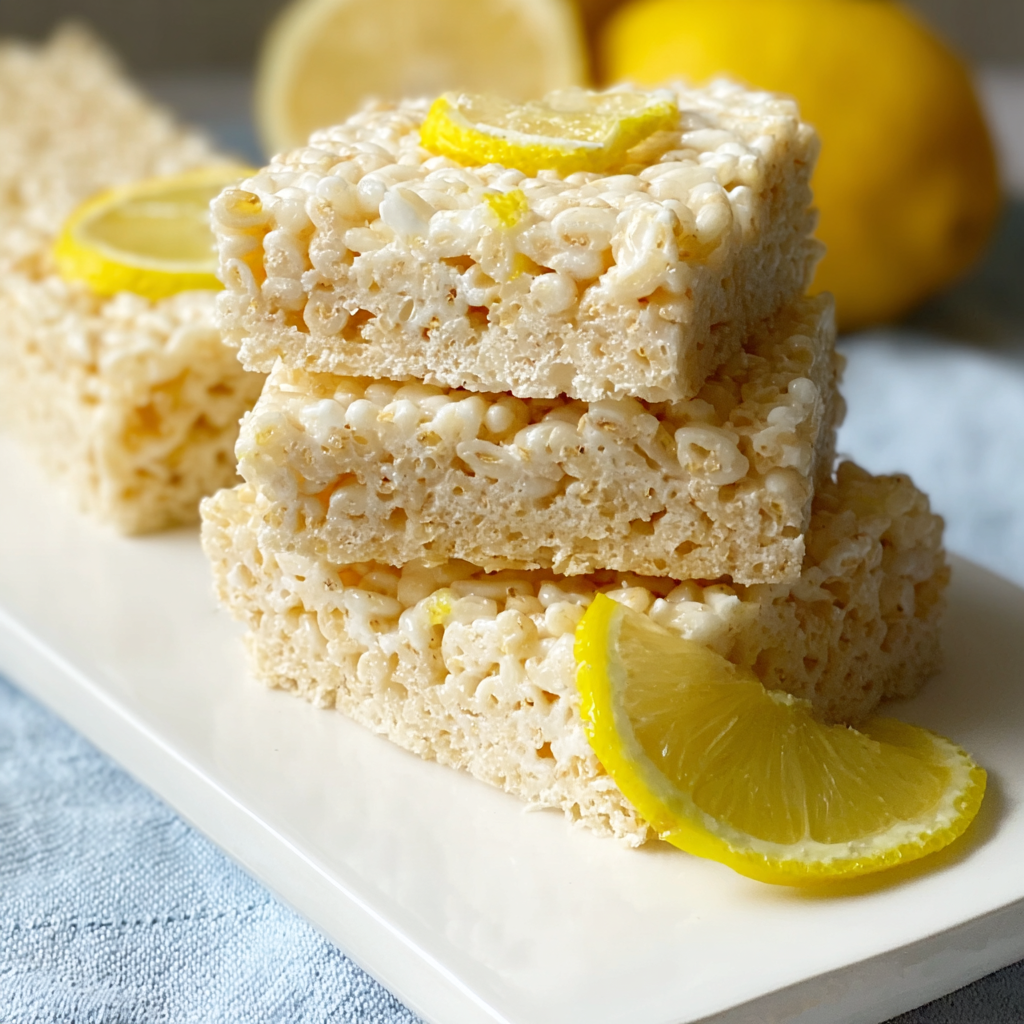 Lemon Rice Krispy Treats in pan with white chocolate drizzle