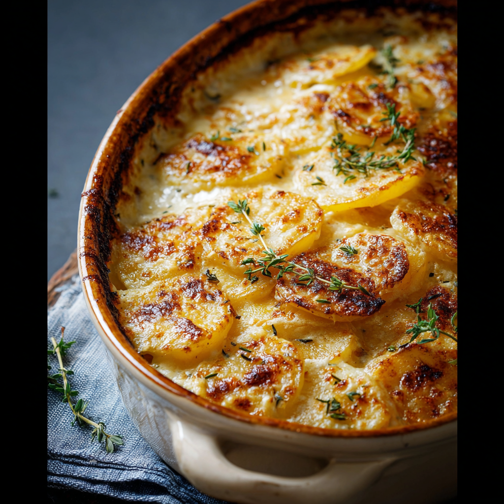 Close-up of creamy gratin slice showing melted cheese
