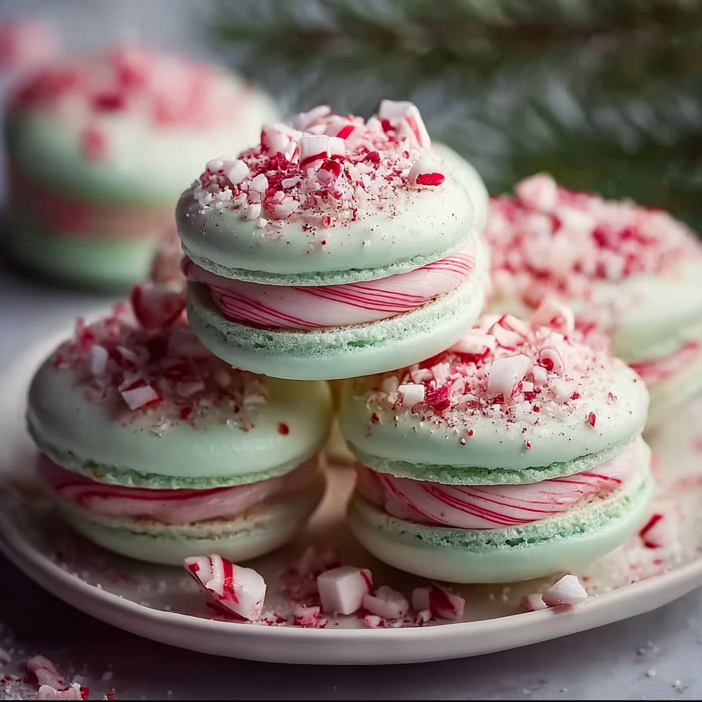 Piped peppermint macaron shells on parchment