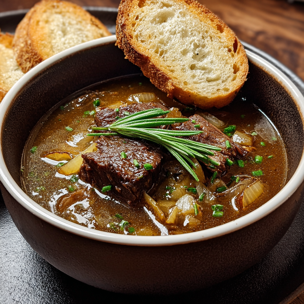 Bowl of French Onion Beef Short Rib Soup with melted cheese
