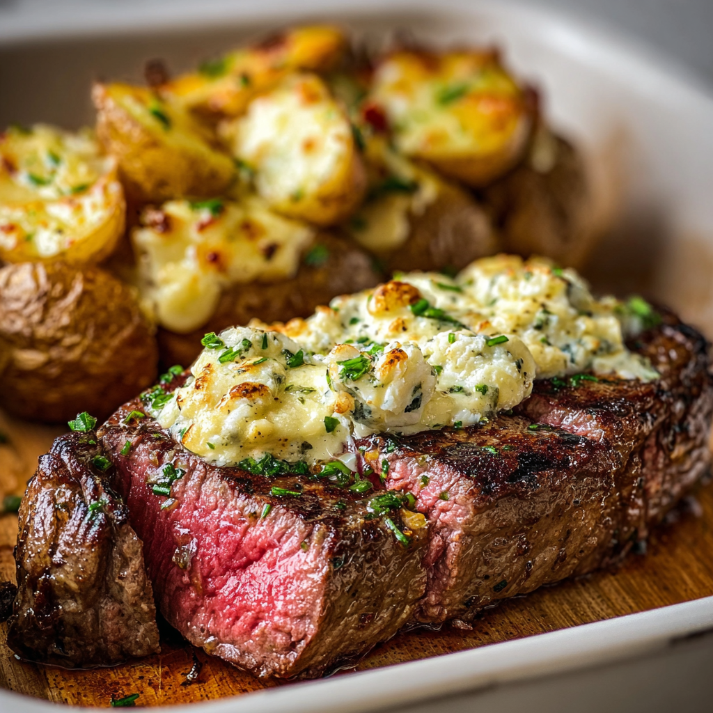Garlic butter steak layered over thinly sliced potatoes with melted cheddar