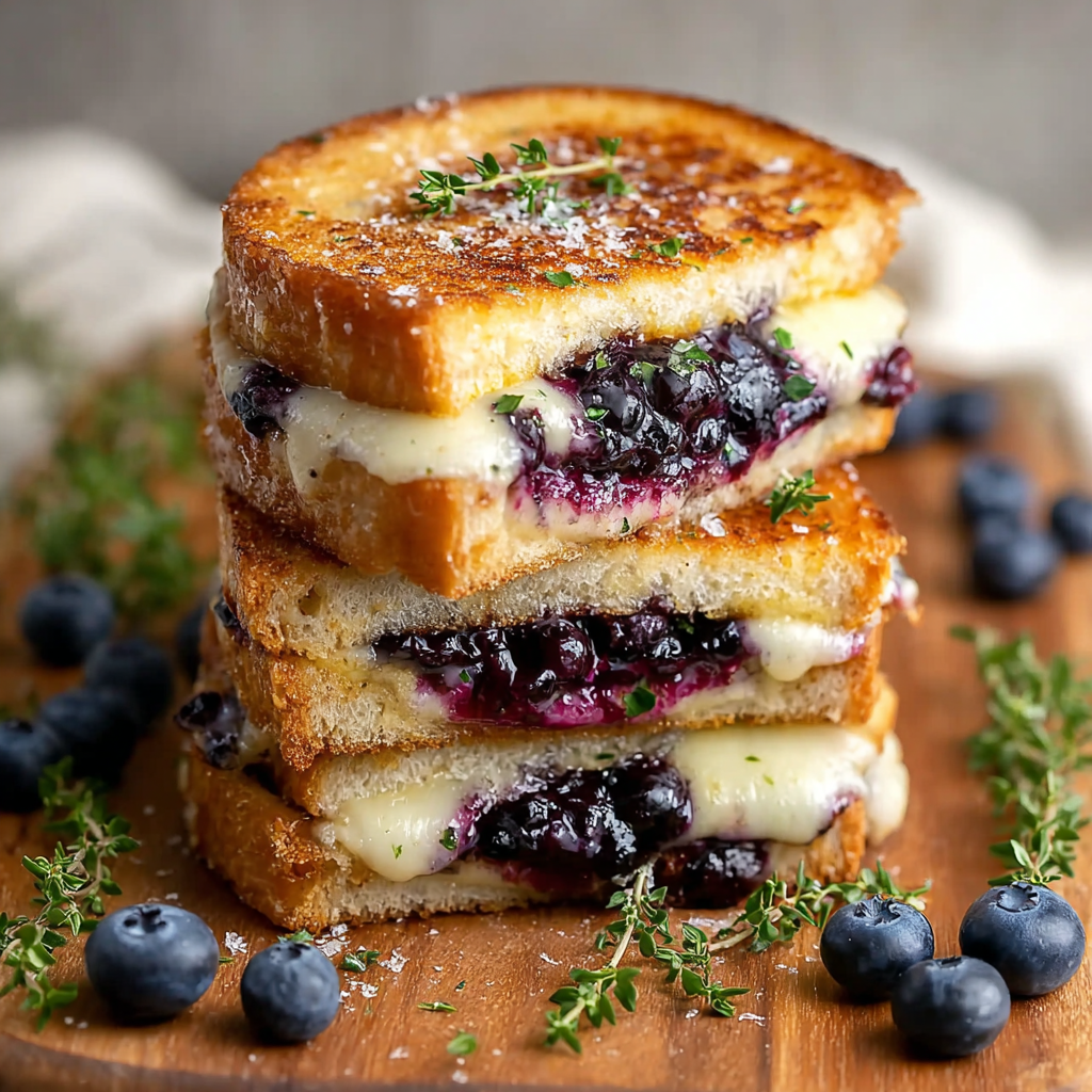 Crispy grilled cheese on cutting board with blueberry spread