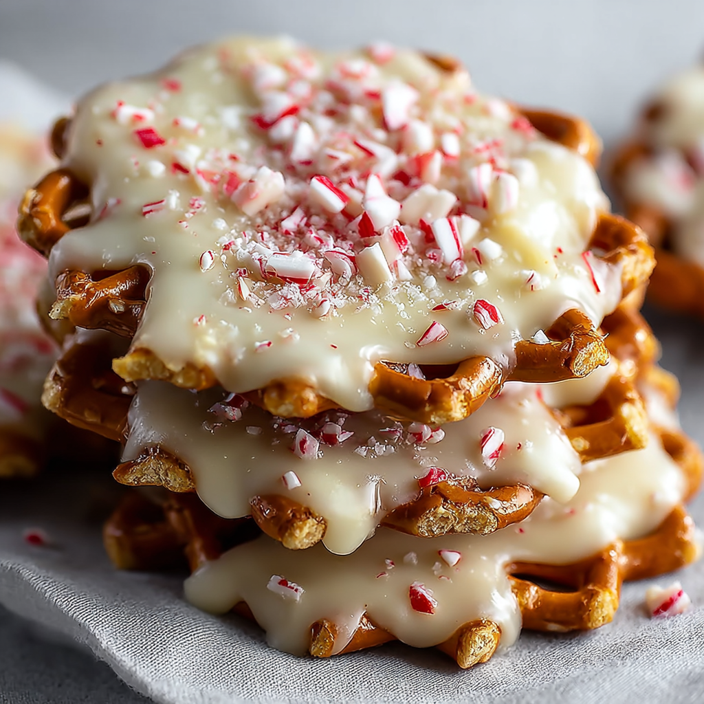 White chocolate peppermint pretzel crisps on parchment