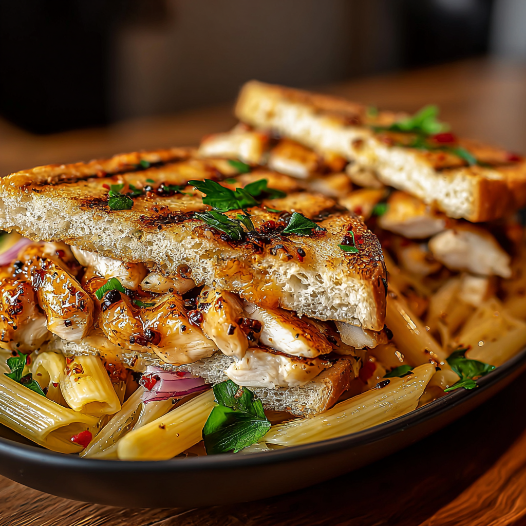 Honey and pepper chicken panini on a cutting board