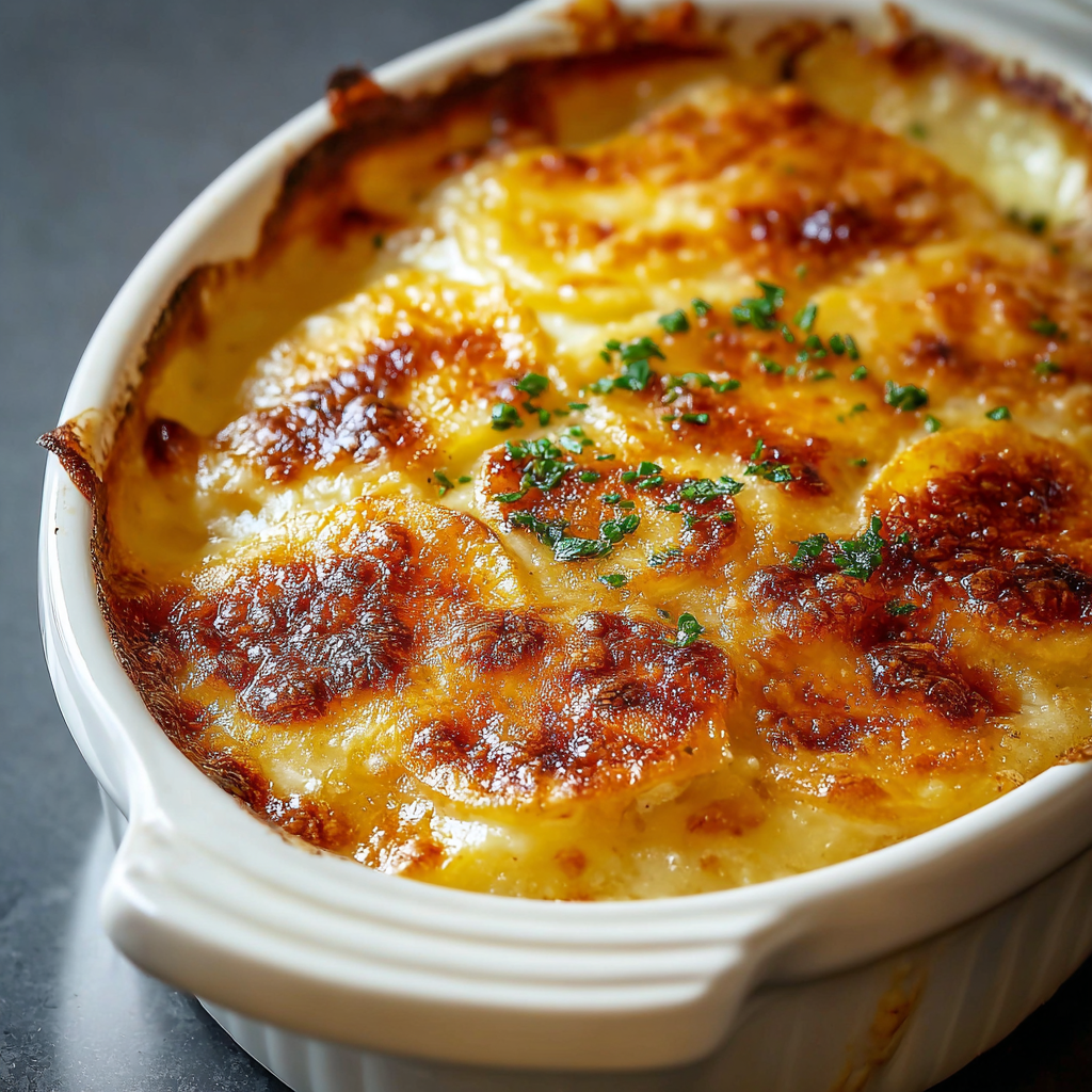 Layered potato gratin in baking dish