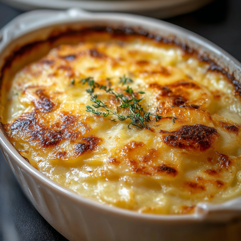 Close-up of creamy gratin slice on plate