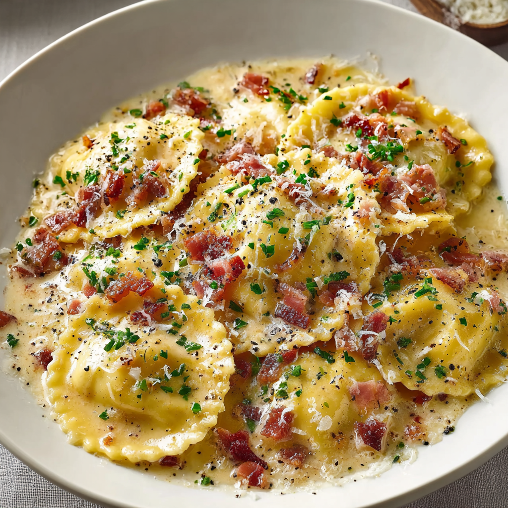 Cheese ravioli in creamy carbonara sauce