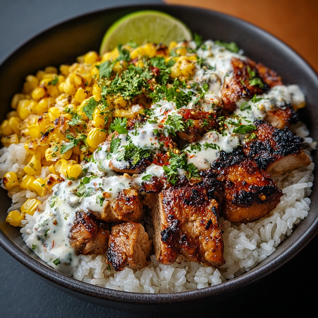 Street corn chicken rice bowl with lime wedges