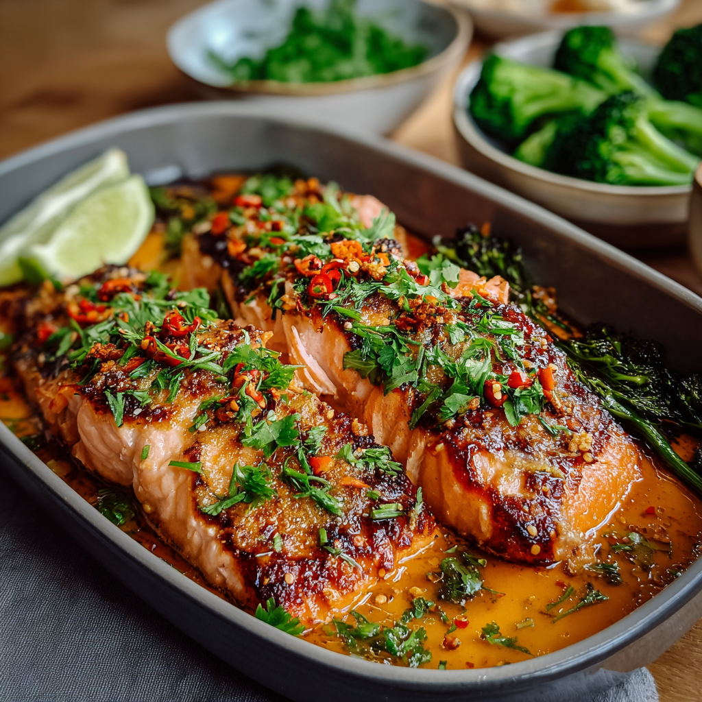 Pan-seared Bang Bang Salmon in skillet