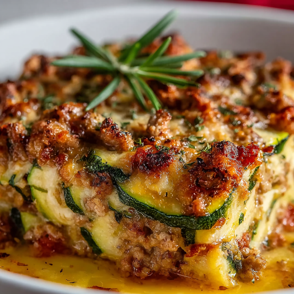Zucchini casserole in baking dish with melted cheese