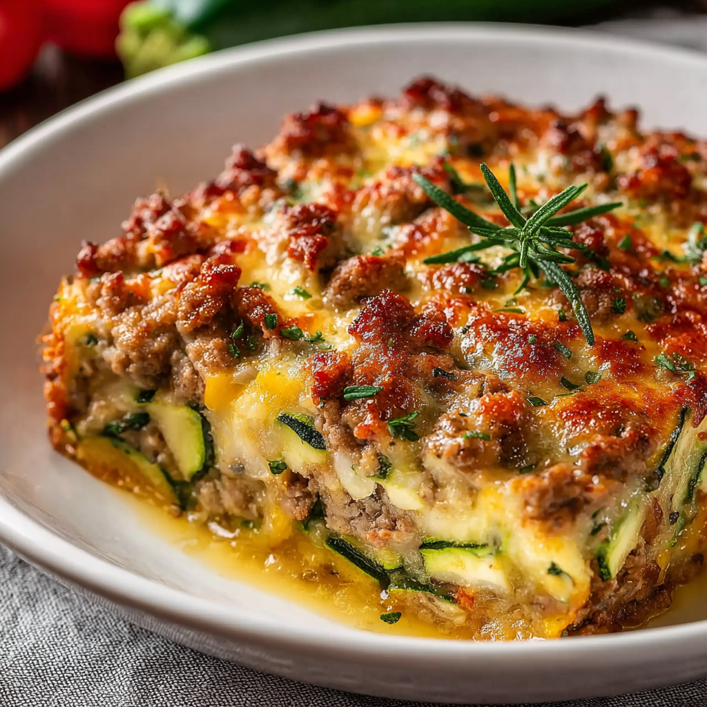 Close up of baked zucchini and turkey casserole slice