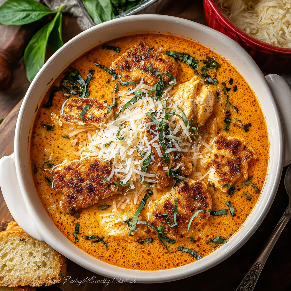 Chicken Parmesan Soup in a bowl