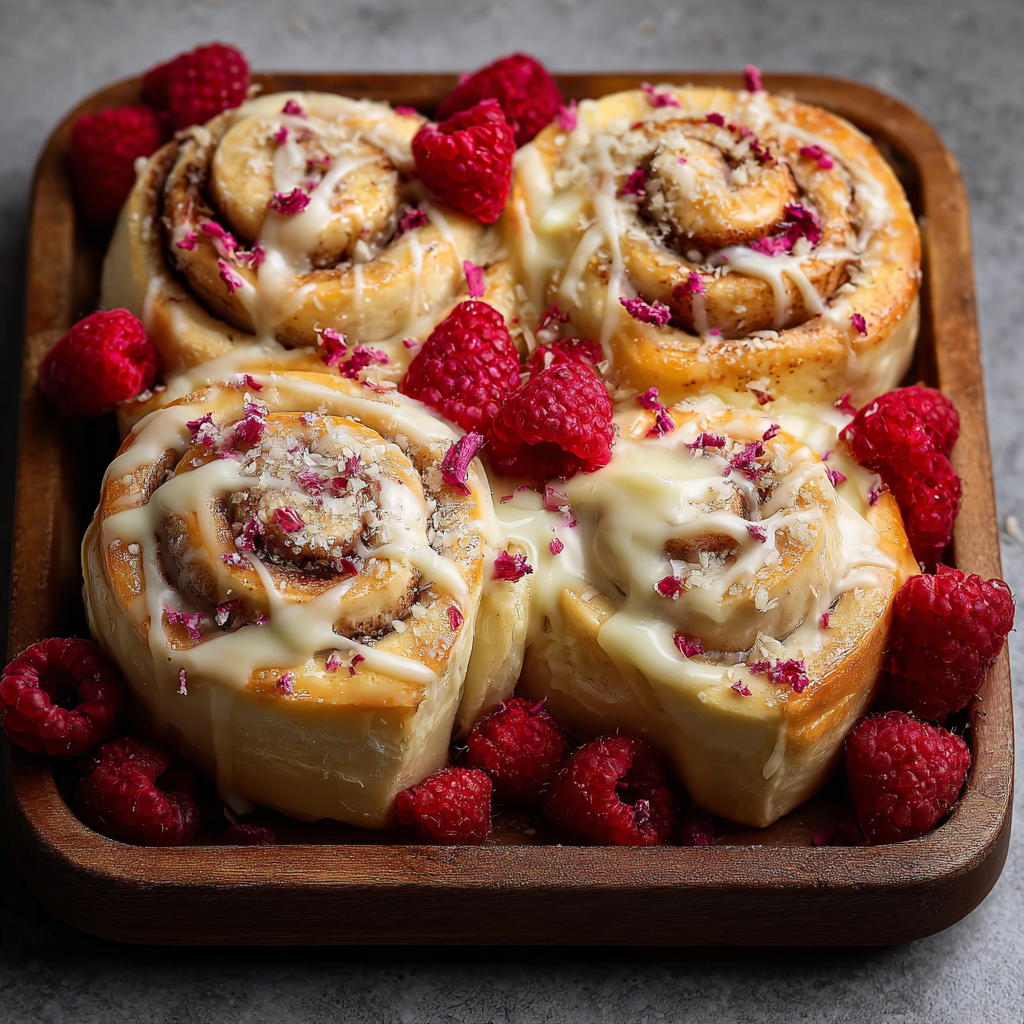Glazed rolls with crushed freeze-dried raspberries