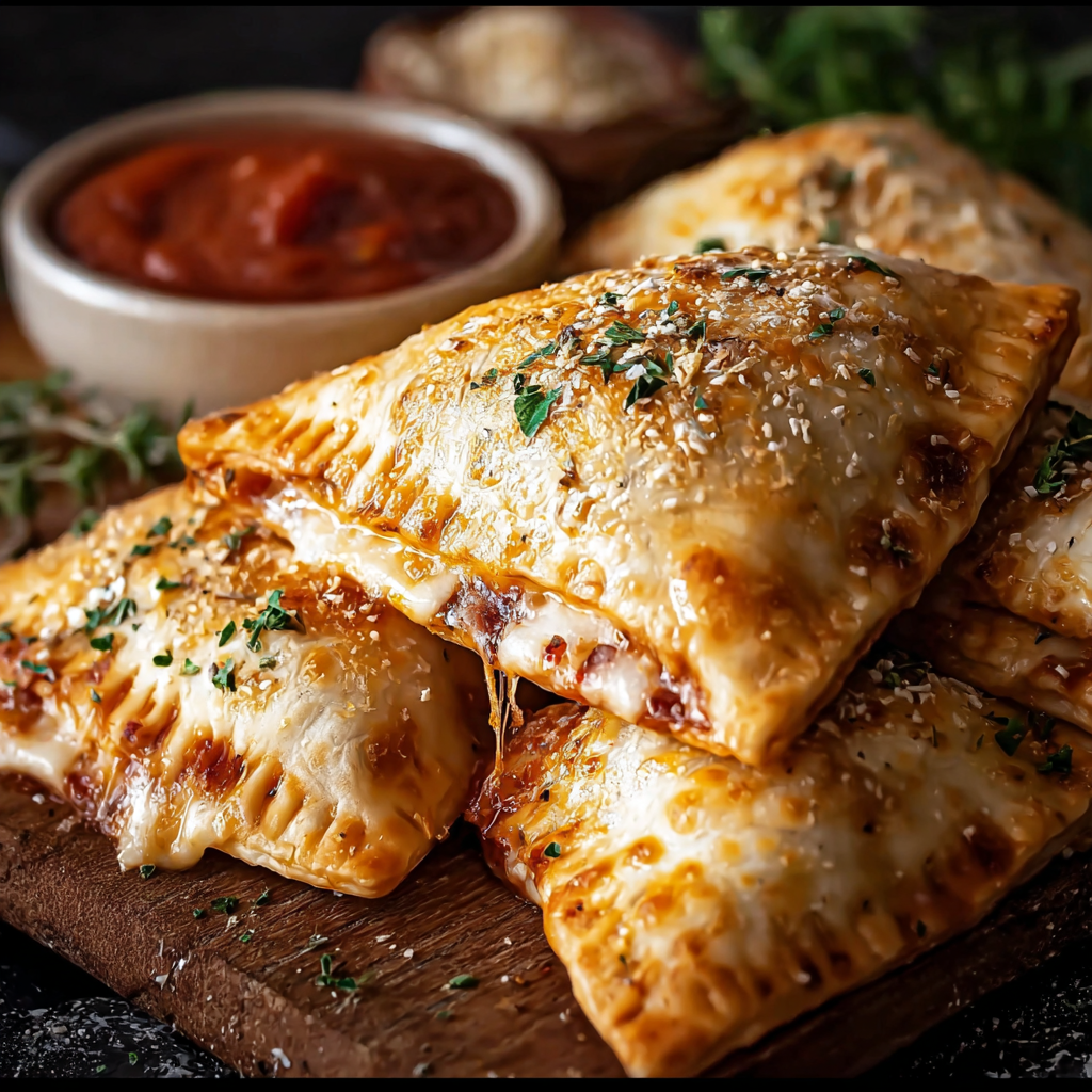 Homemade pizza pockets on a baking sheet