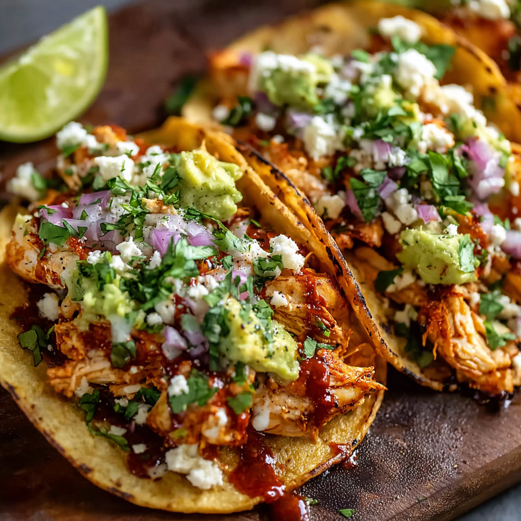 Chicken street tacos on corn tortillas with lime and cilantro