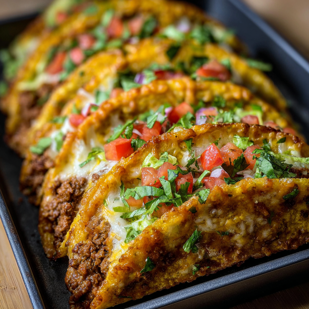 Tray of oven-baked cheesy tacos fresh from the oven