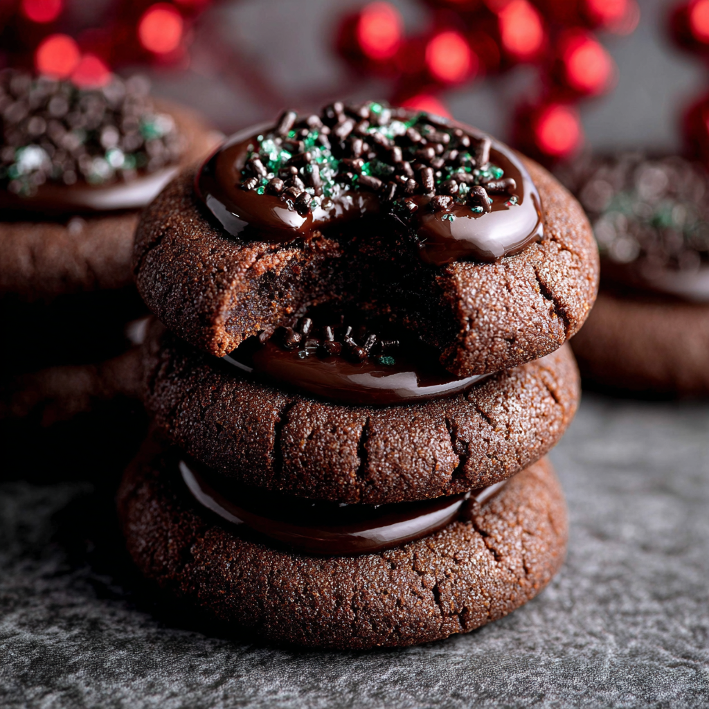 Chocolate thumbprint cookie on cooling rack