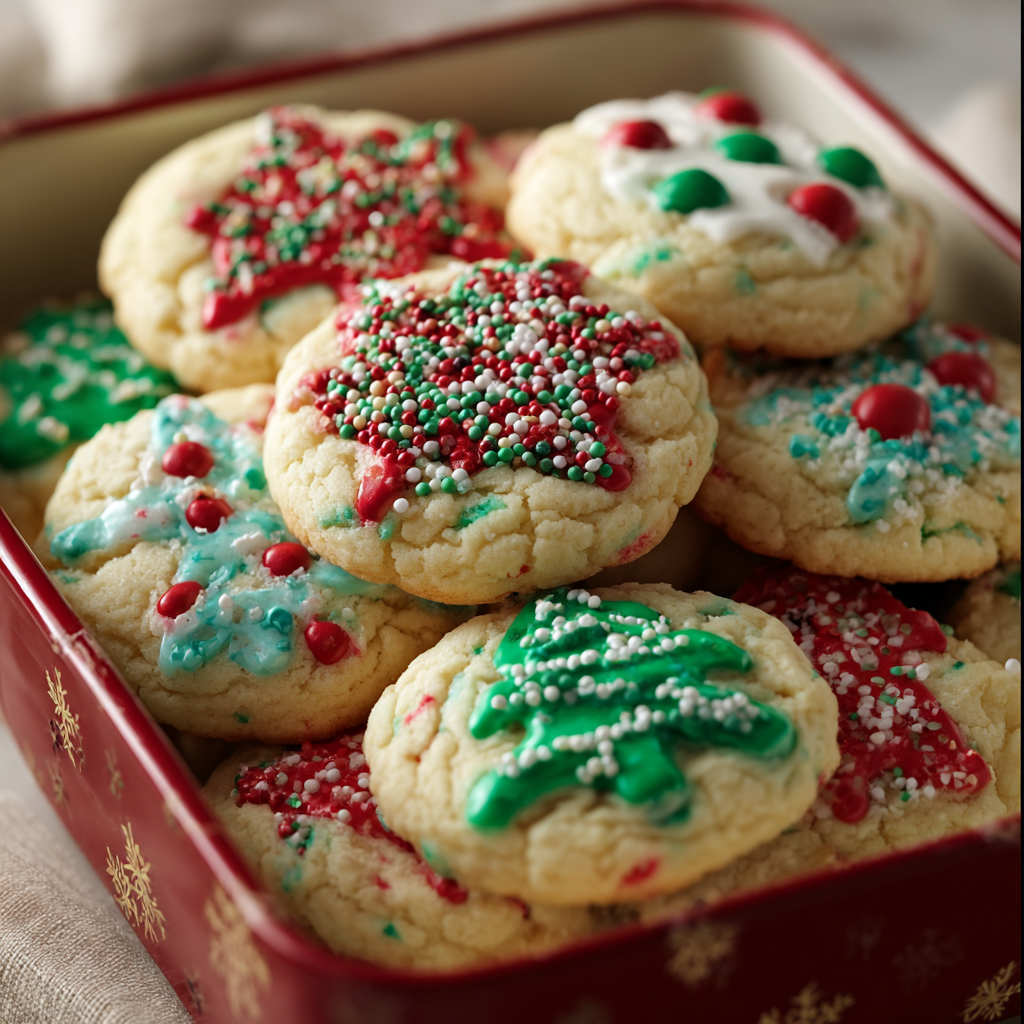 Close up of a single cake mix cookie with festive sprinkles