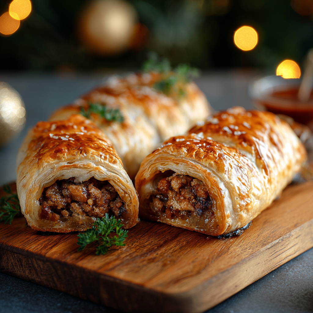 Christmas Sausage Rolls on a baking sheet