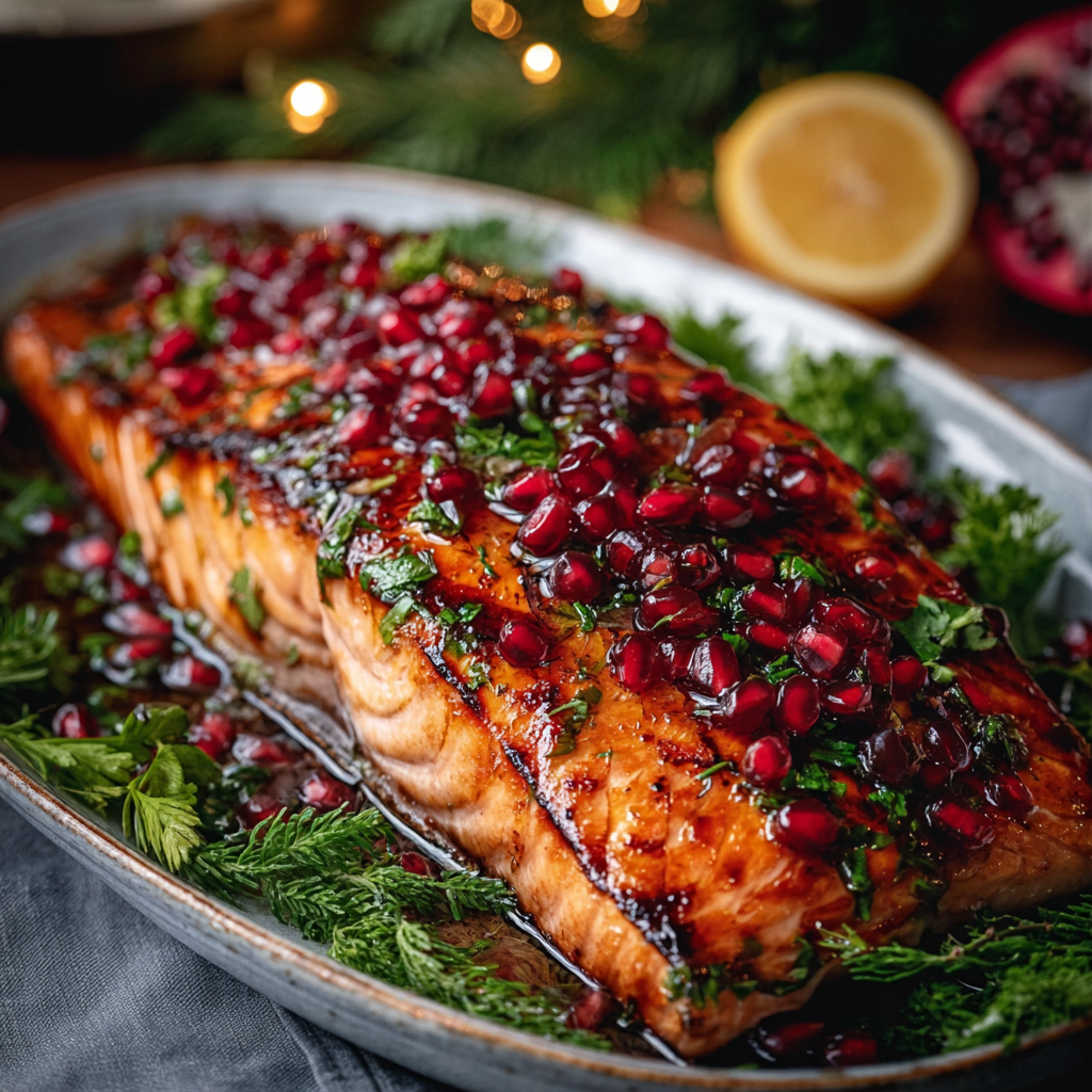 Holiday pomegranate glazed salmon on a platter