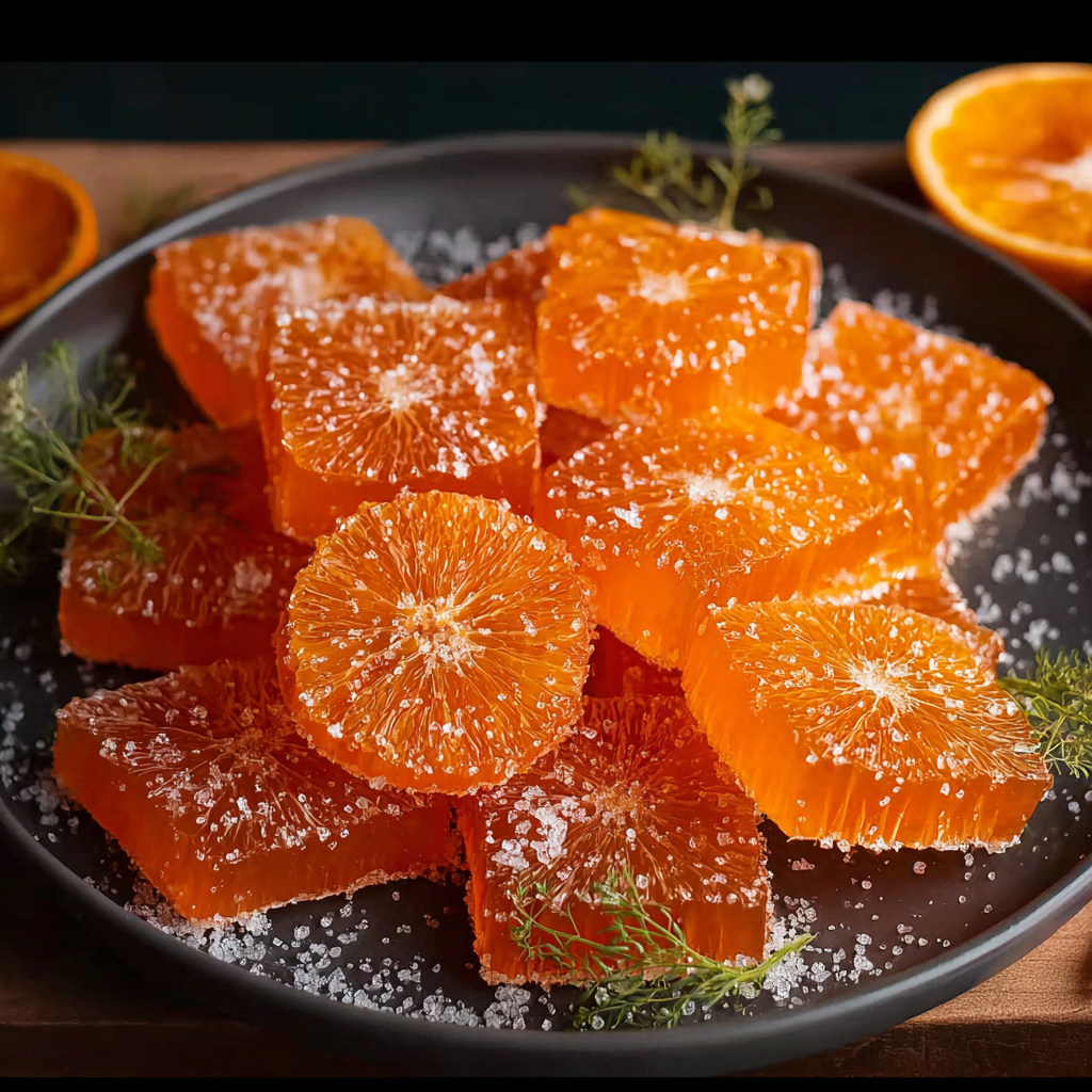 Candied orange slices drying on a wire rack