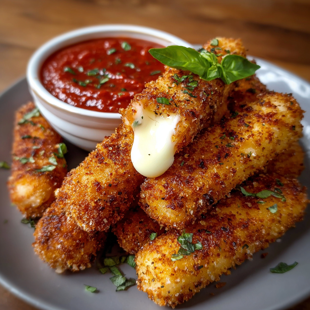 Golden mozzarella sticks on a platter with marinara